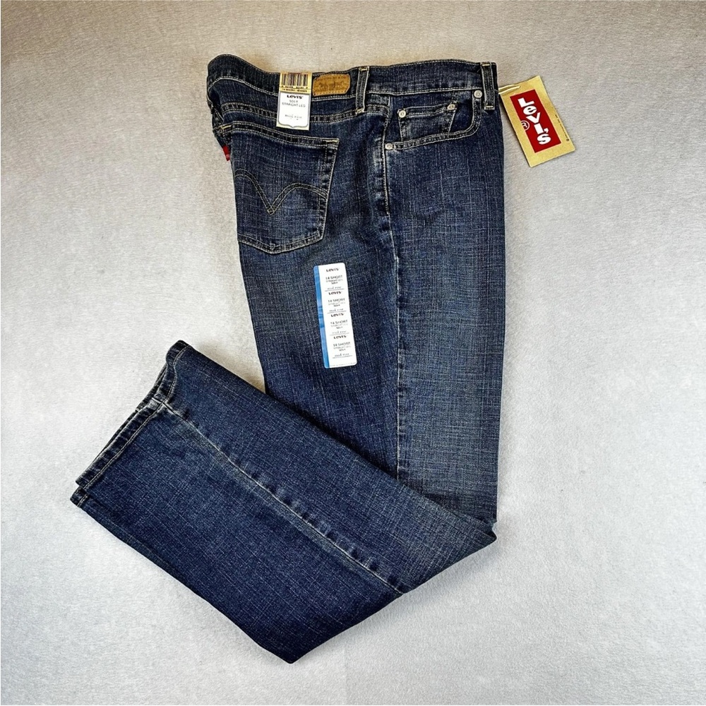 Levi's 505 Jeans Womens 14 Short Blue Straight Leg Mid Rise Stretch Dark Wash